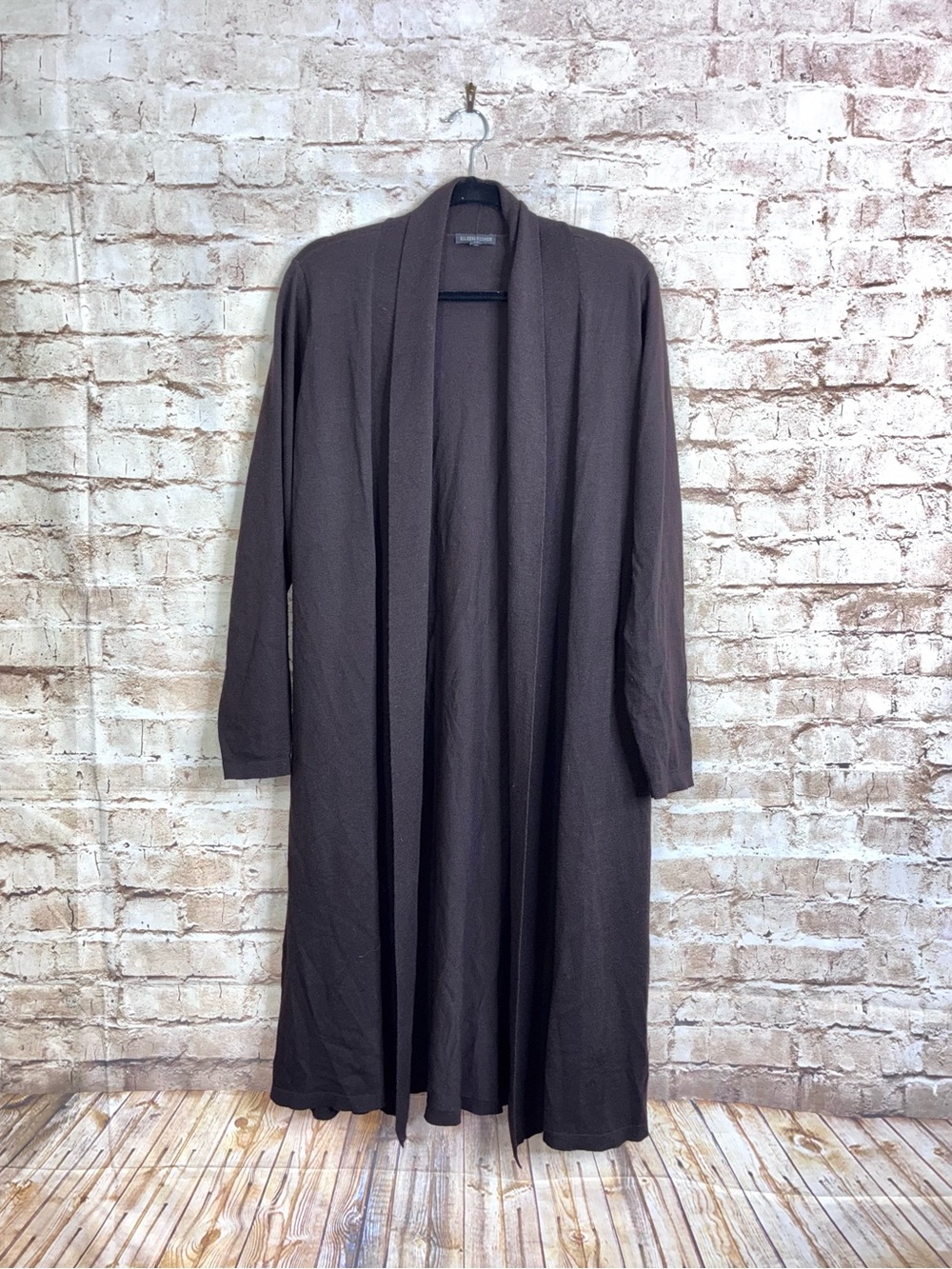 Eileen Fisher Wool Open Front Shawl Collar Cardigan in Brown Size Large